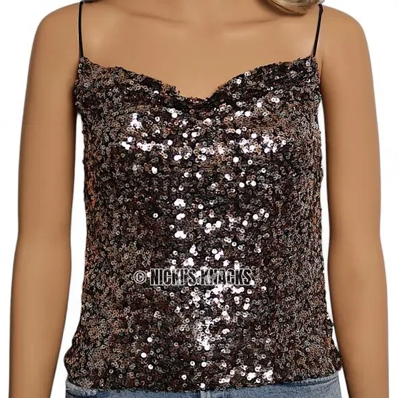 Thirty Thirty Sequin Cowl Neck Top Bronze Silver Party Glam Y2K Camisole Size S - Picture 3 of 11